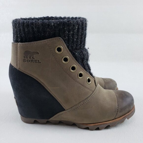 Sorel Joanie Sweater Wedge Boot Women 7.5 Brown Leather Ankle Pull On Waterproof - Picture 2 of 12